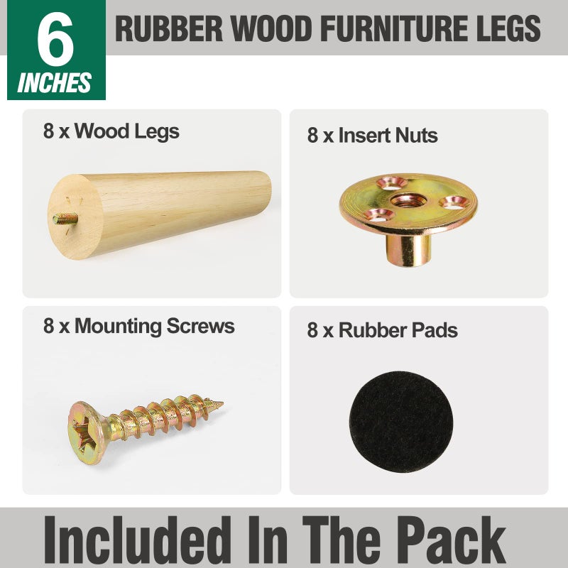 FoDau770 Rubber Wood Furniture Legs 6 Inches, Slant Tapered Wood Legs Mid Century Sofa Legs Set of 8, 5/16"" UNC Furniture Feet Replacement Legs for Cabinet Sofa Couch Dresser Chair Ottoman Table - Image 2